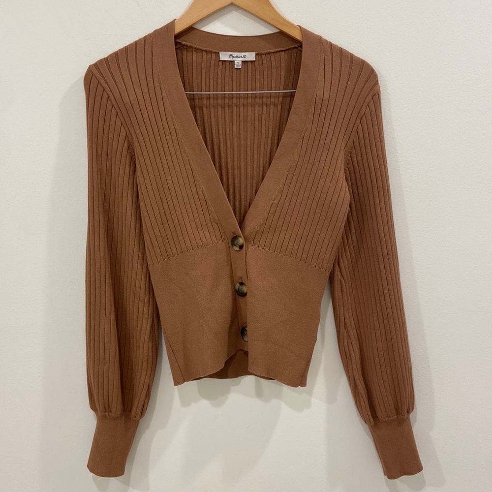 Madewell Rust Brown Ribbed V-Neck Button Cardigan - Picture 5 of 9